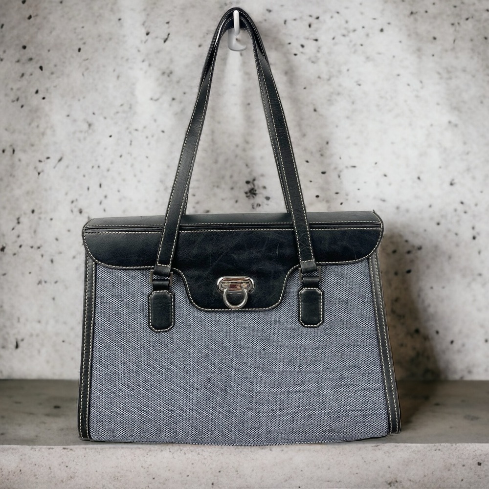Vintage Maud Frizon Blue Tweed and Black Leather Large Structured Satchel Bag